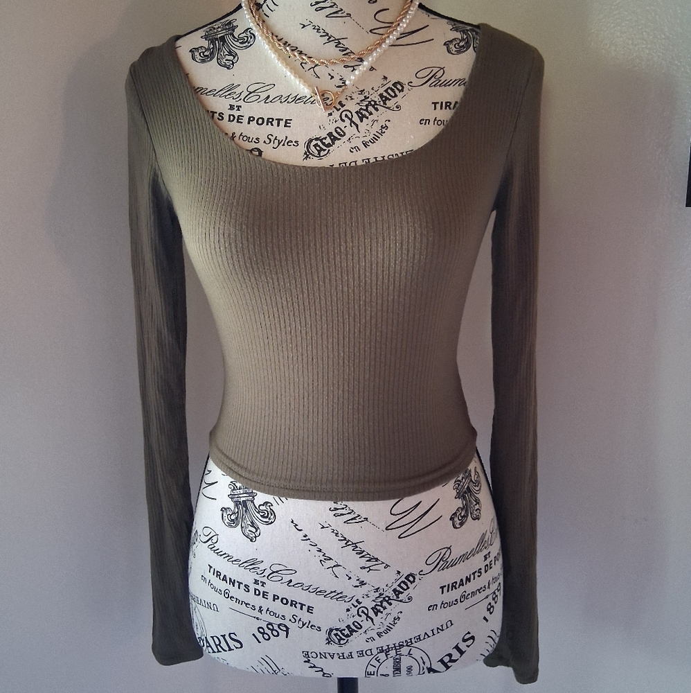 Olive Open Back Long Sleeve Ribbed Top
